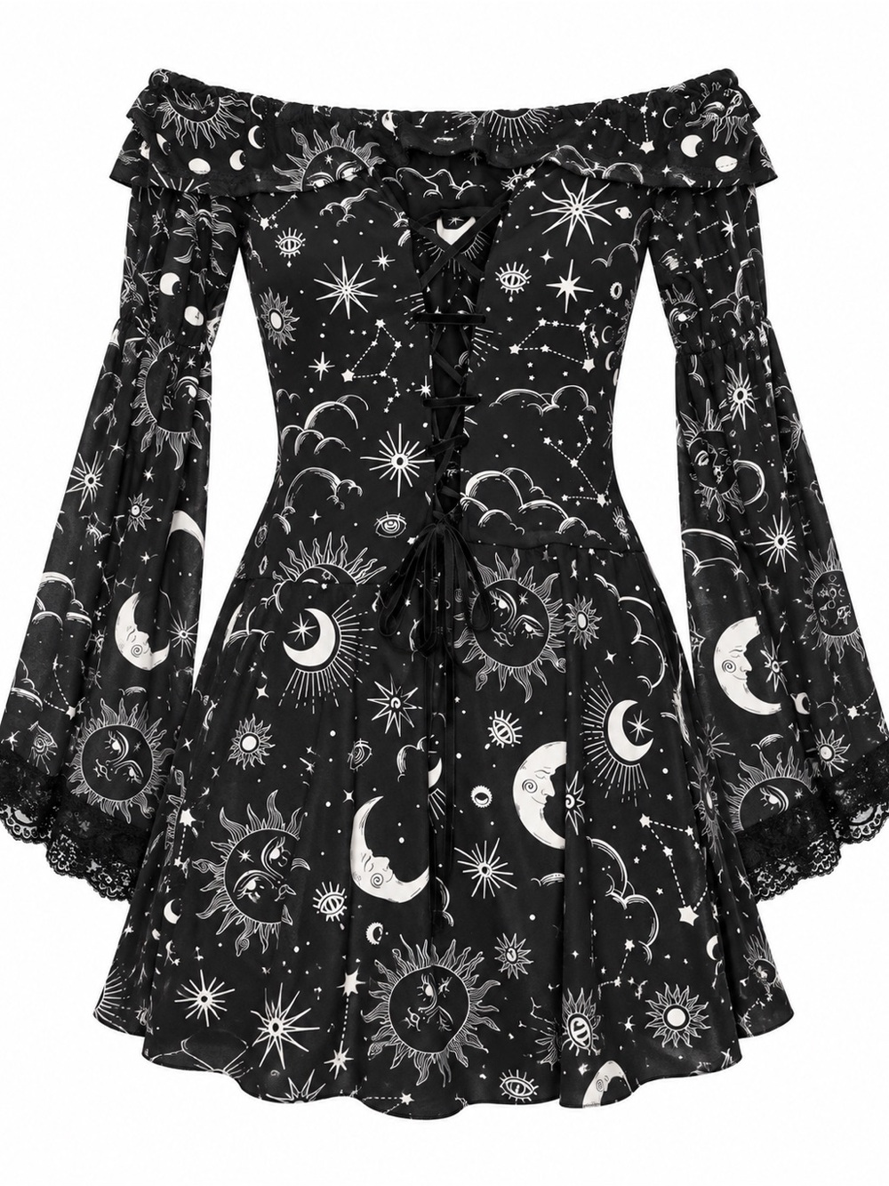 ROMWE Celestial Sun Moon Stars off the shoulder Lace Up Bell Sleeve Dress NWT